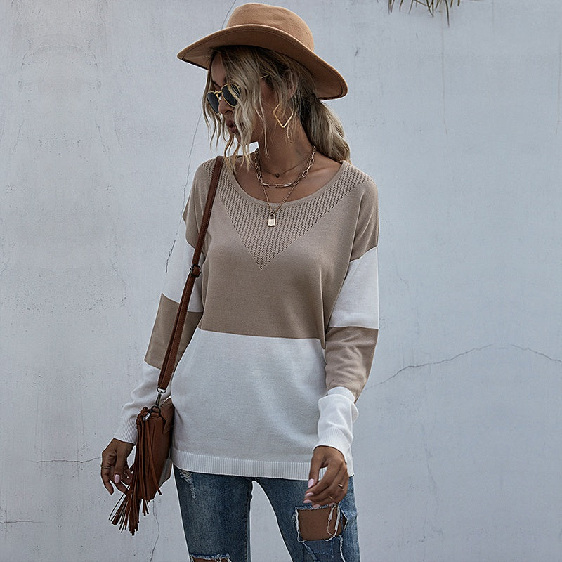 Loose O-neck Pullover Women Long Sleeve Spring Autumn Knitted Tops Patchwork Sweater Sai Feel