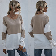 Loose O-neck Pullover Women Long Sleeve Spring Autumn Knitted Tops Patchwork Sweater Sai Feel