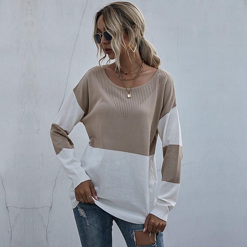 Loose O-neck Pullover Women Long Sleeve Spring Autumn Knitted Tops Patchwork Sweater Sai Feel