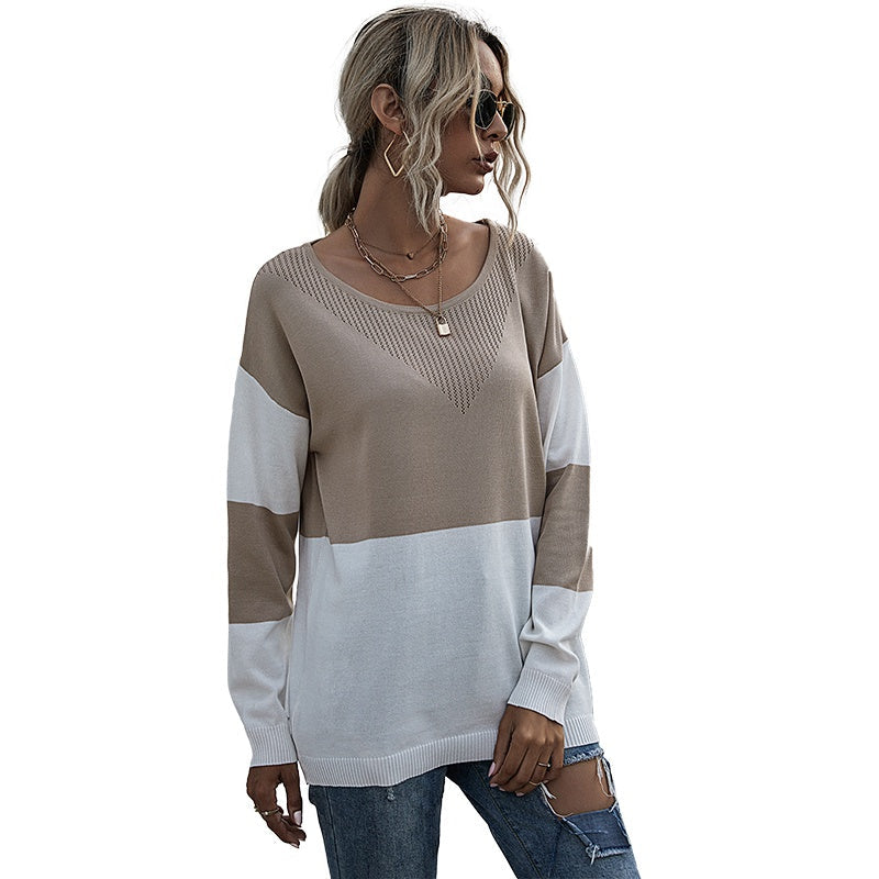 Loose O-neck Pullover Women Long Sleeve Spring Autumn Knitted Tops Patchwork Sweater Sai Feel