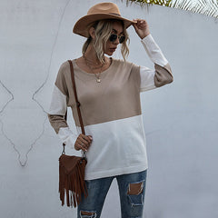 Loose O-neck Pullover Women Long Sleeve Spring Autumn Knitted Tops Patchwork Sweater Sai Feel