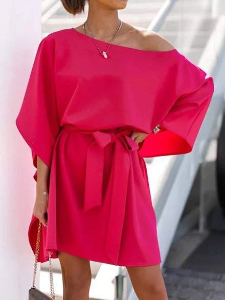 Loose Off-Shoulder Belted Doll Sleeve Dress Sai Feel