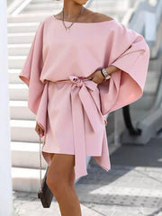 Loose Off-Shoulder Belted Doll Sleeve Dress Sai Feel