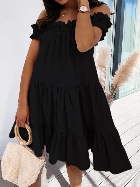 Loose One Word Collar Ruffle Dress Sai Feel