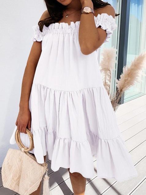 Loose One Word Collar Ruffle Dress Sai Feel