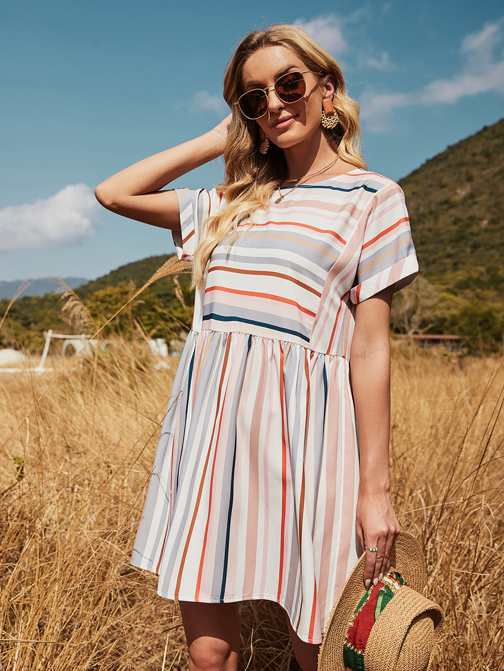 Loose Short-sleeved Mid-length Round Neck Casual Striped Dress Sai Feel