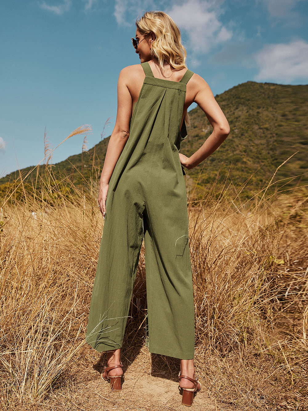 Loose Stitching Solid Color Cotton Casual Sleeveless Sling Jumpsuit Sai Feel