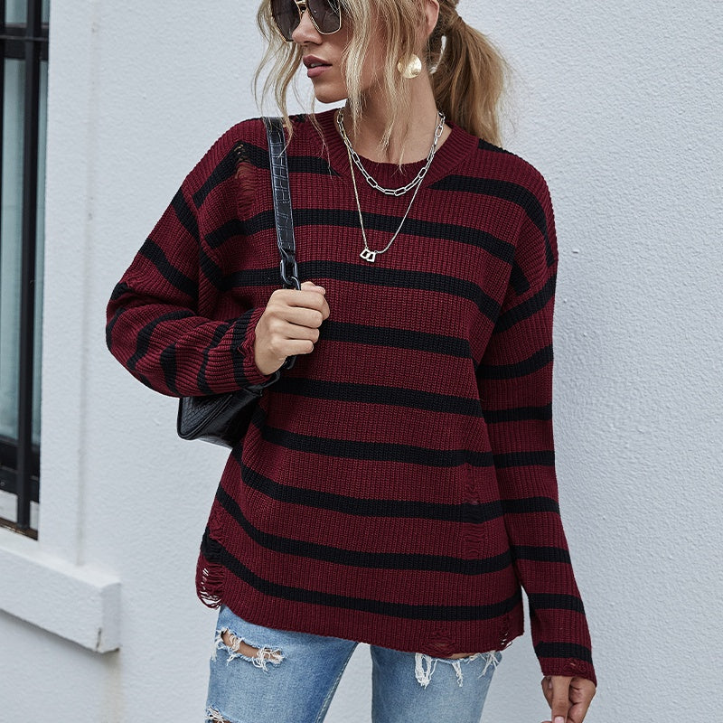 Loose Stitching Striped Sweater Casual Ripped Round Neck Sweater Sai Feel