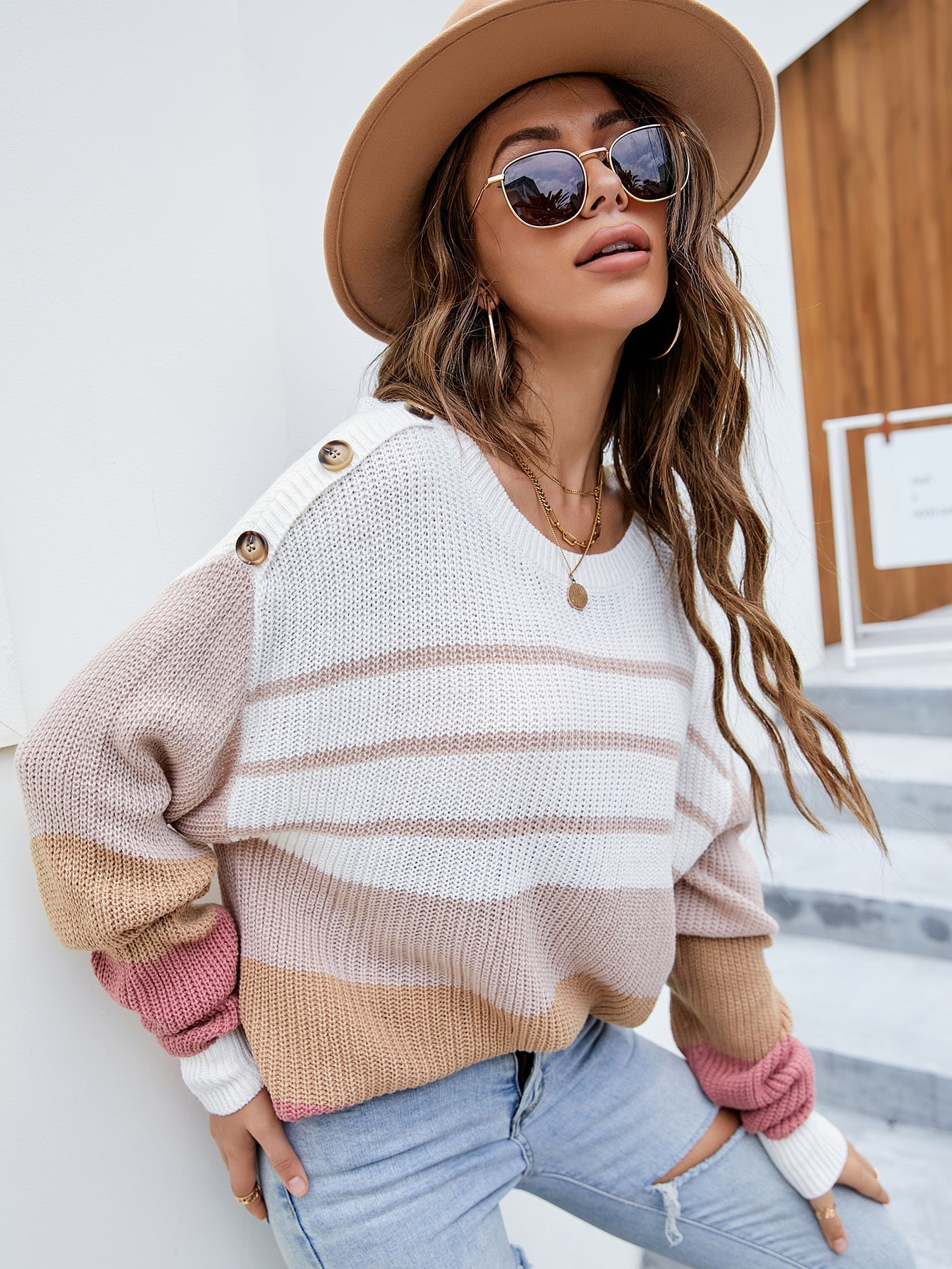 Loose striped long-sleeved round neck pullover knit sweater Sai Feel