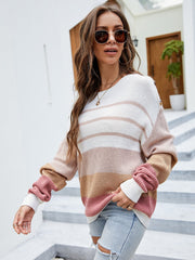 Loose striped long-sleeved round neck pullover knit sweater Sai Feel