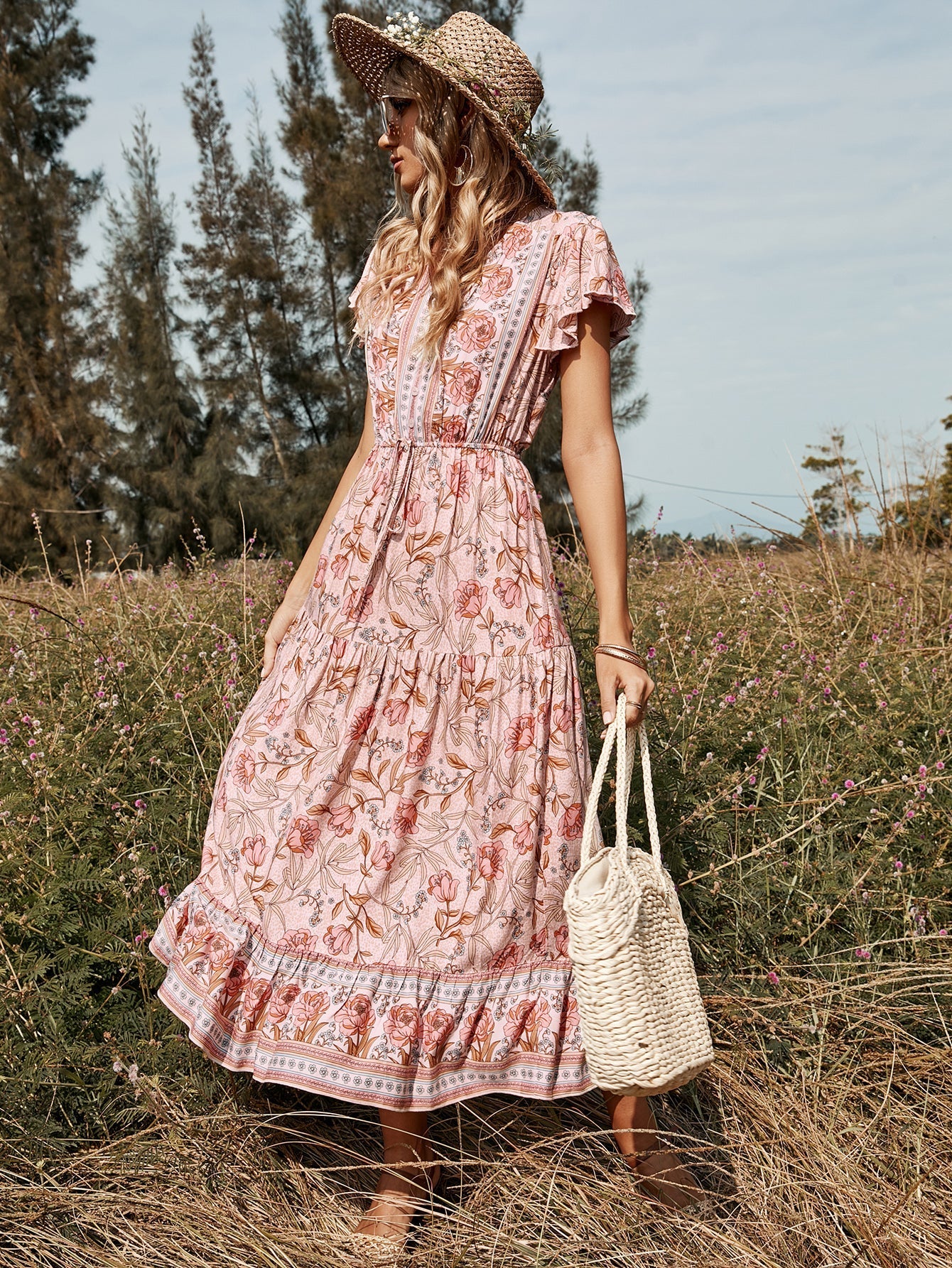 Lotus leaf tie pink floral dress Sai Feel