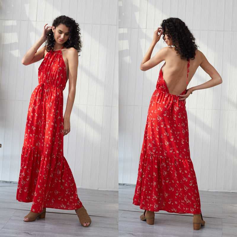Maxi Women Backless Dress Halter Neck Floral Print Sleeveless Summer Beach Holiday Long Slip Dress Sai Feel