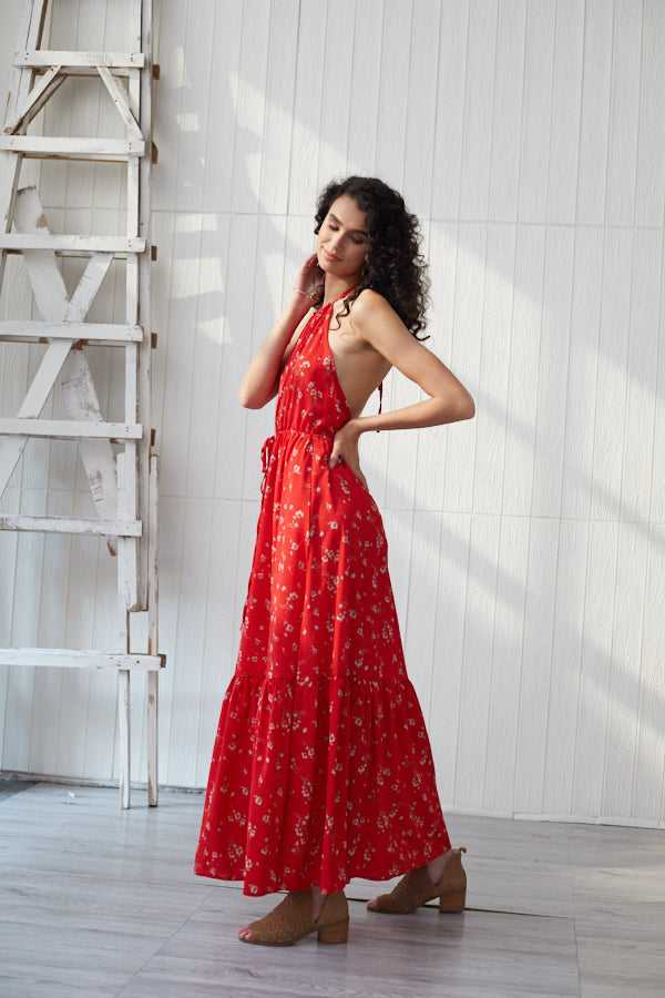 Maxi Women Backless Dress Halter Neck Floral Print Sleeveless