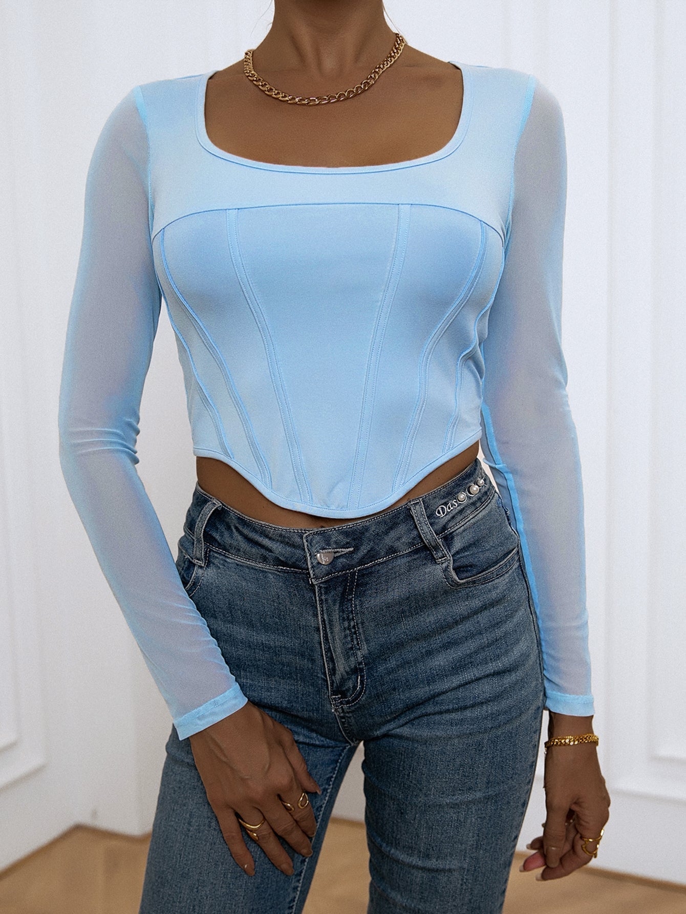 Mesh Panel Asymmetrical Hem Crop Tee Sai Feel