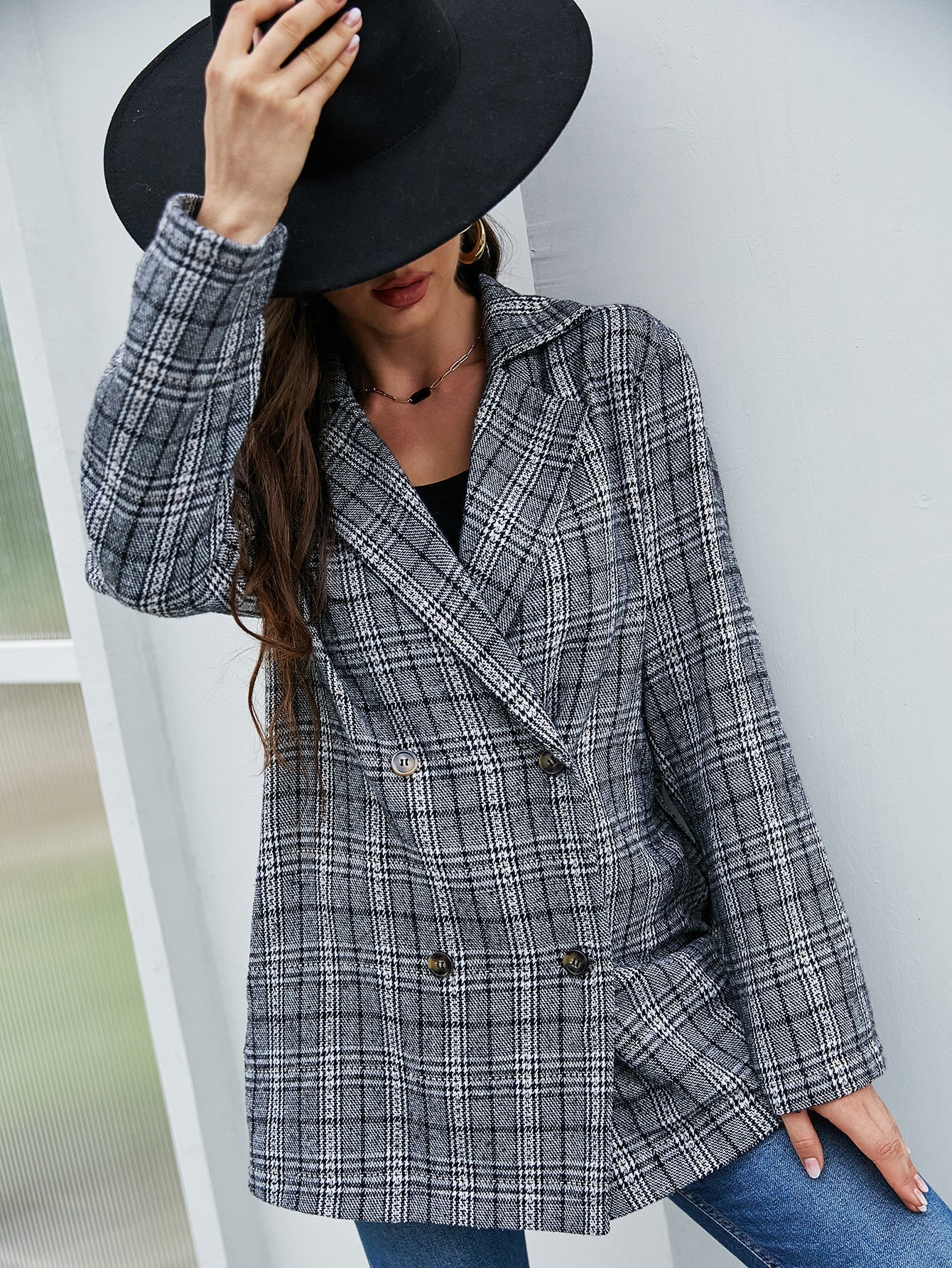 Mid-length black and white check blazer Sai Feel