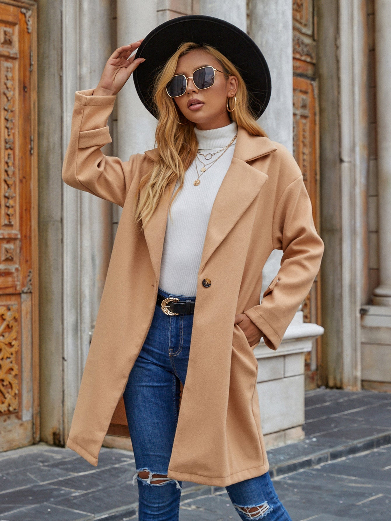 Mid-length khaki one-button long-sleeved coat Sai Feel