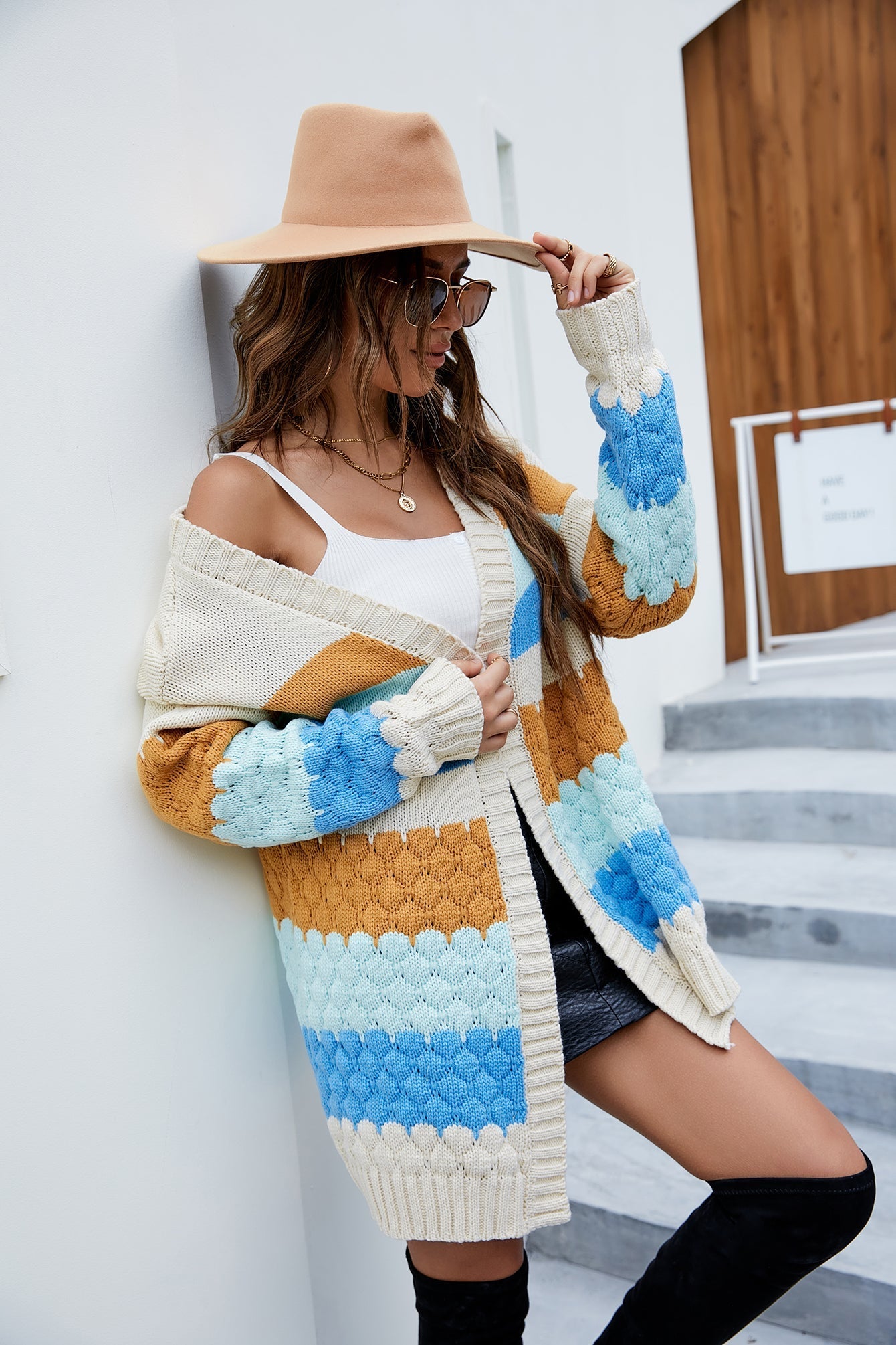 Mid-length knitted cardigan striped contrast sweater coat Sai Feel