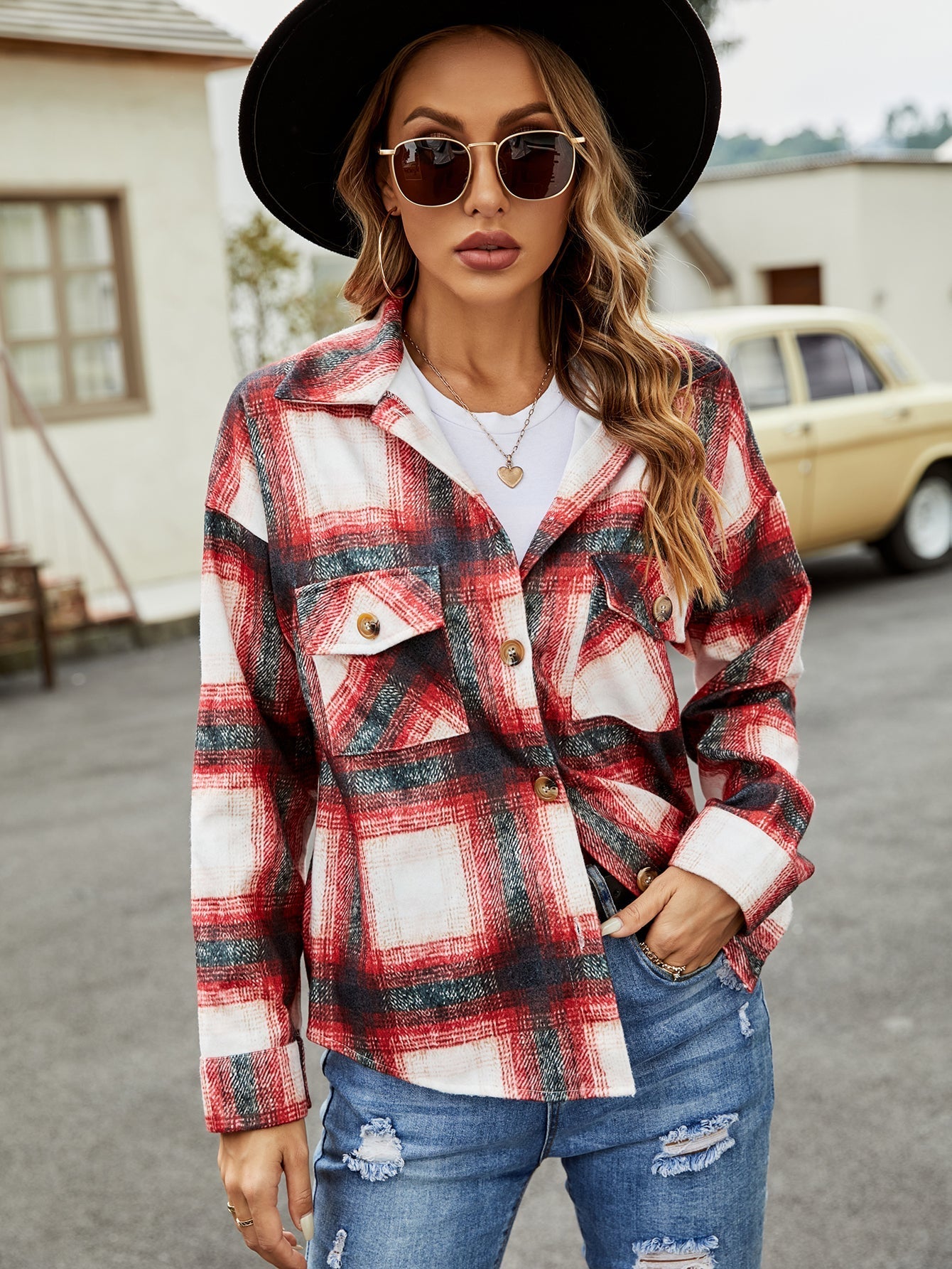 Mid-length loose plaid jacket Sai Feel