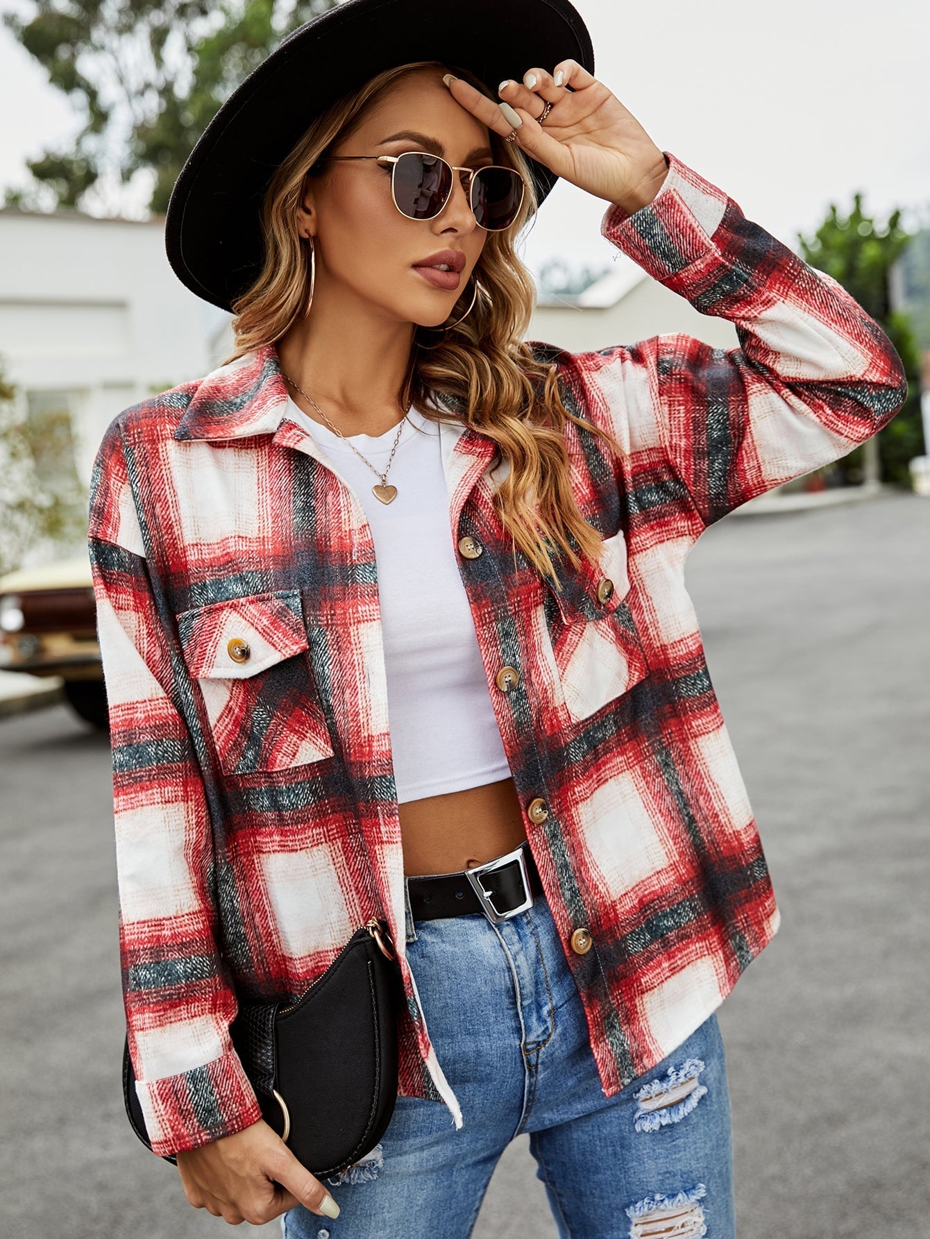 Mid-length loose plaid jacket Sai Feel