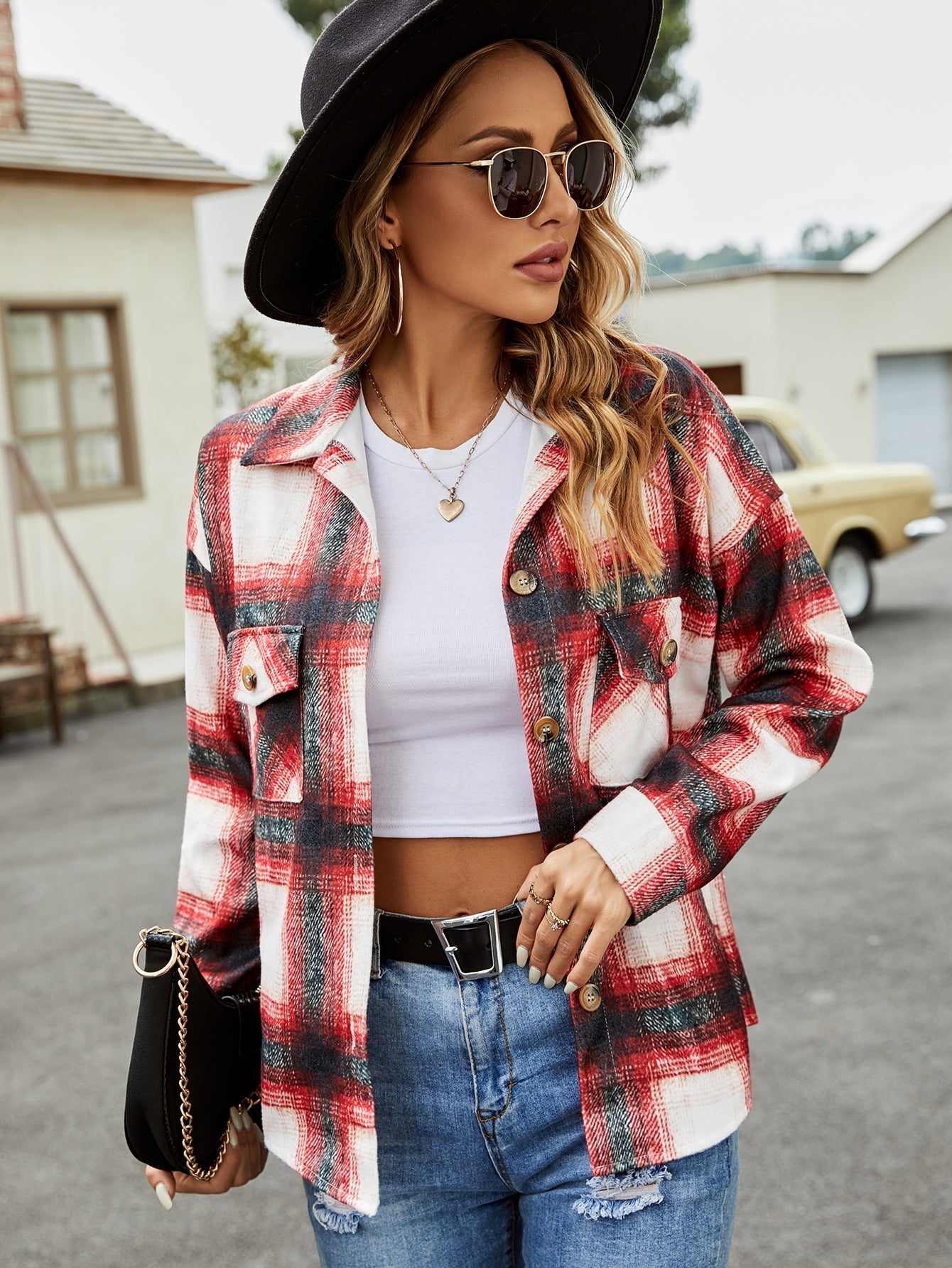 Mid-length loose plaid jacket Sai Feel