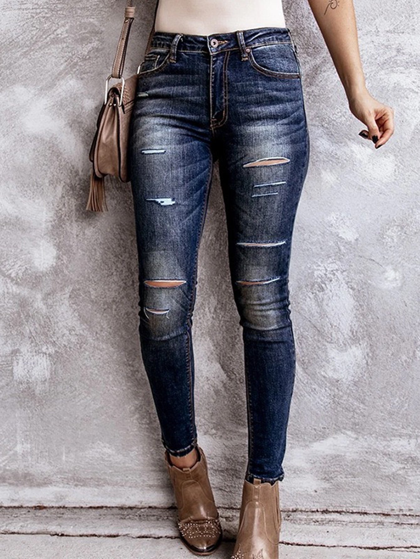 Middle Waist Ripped Skinny Stonewashed Jeans Sai Feel