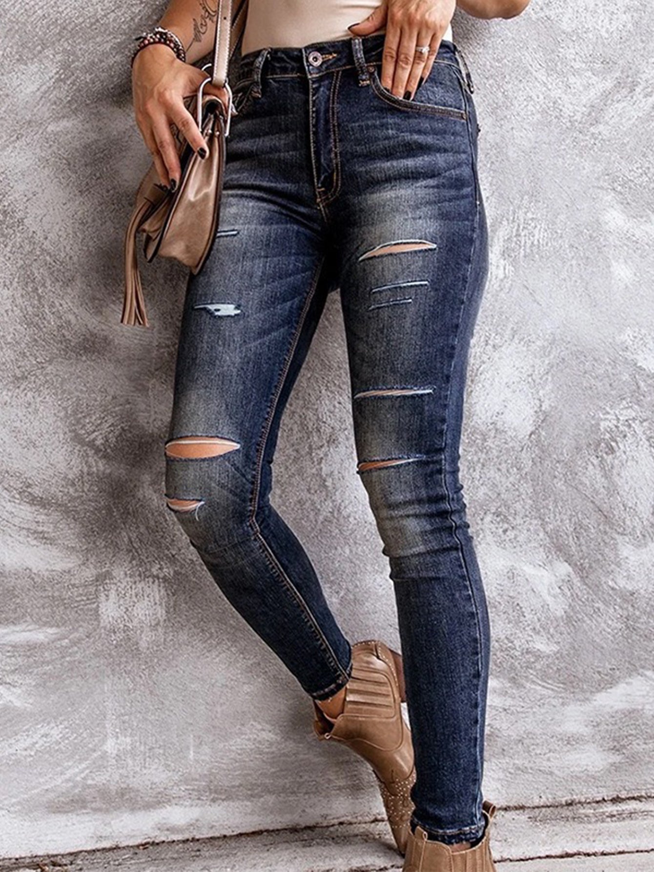 Middle Waist Ripped Skinny Stonewashed Jeans Sai Feel