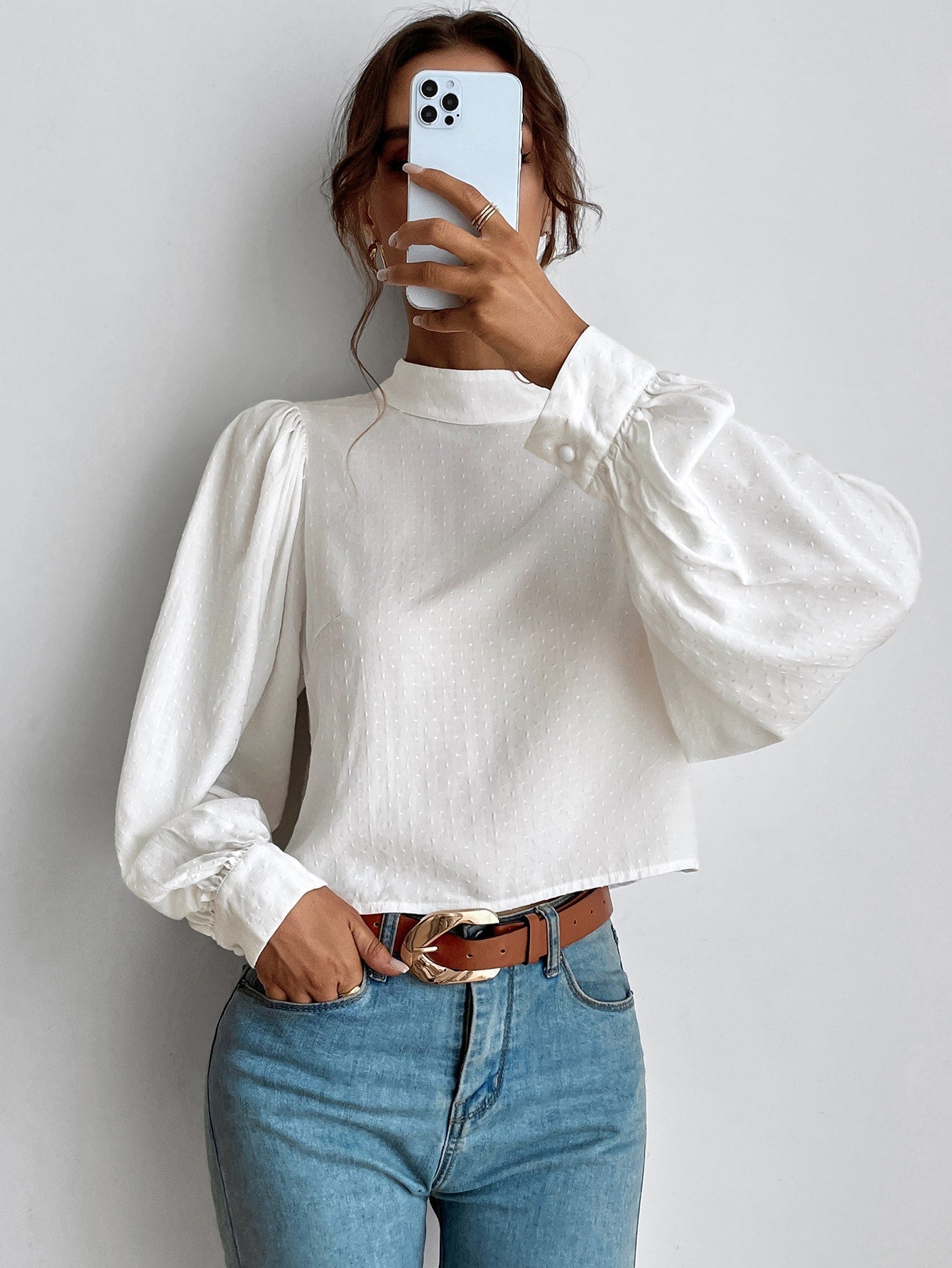 Mock Neck Lantern Sleeve Crop Blouse Sai Feel