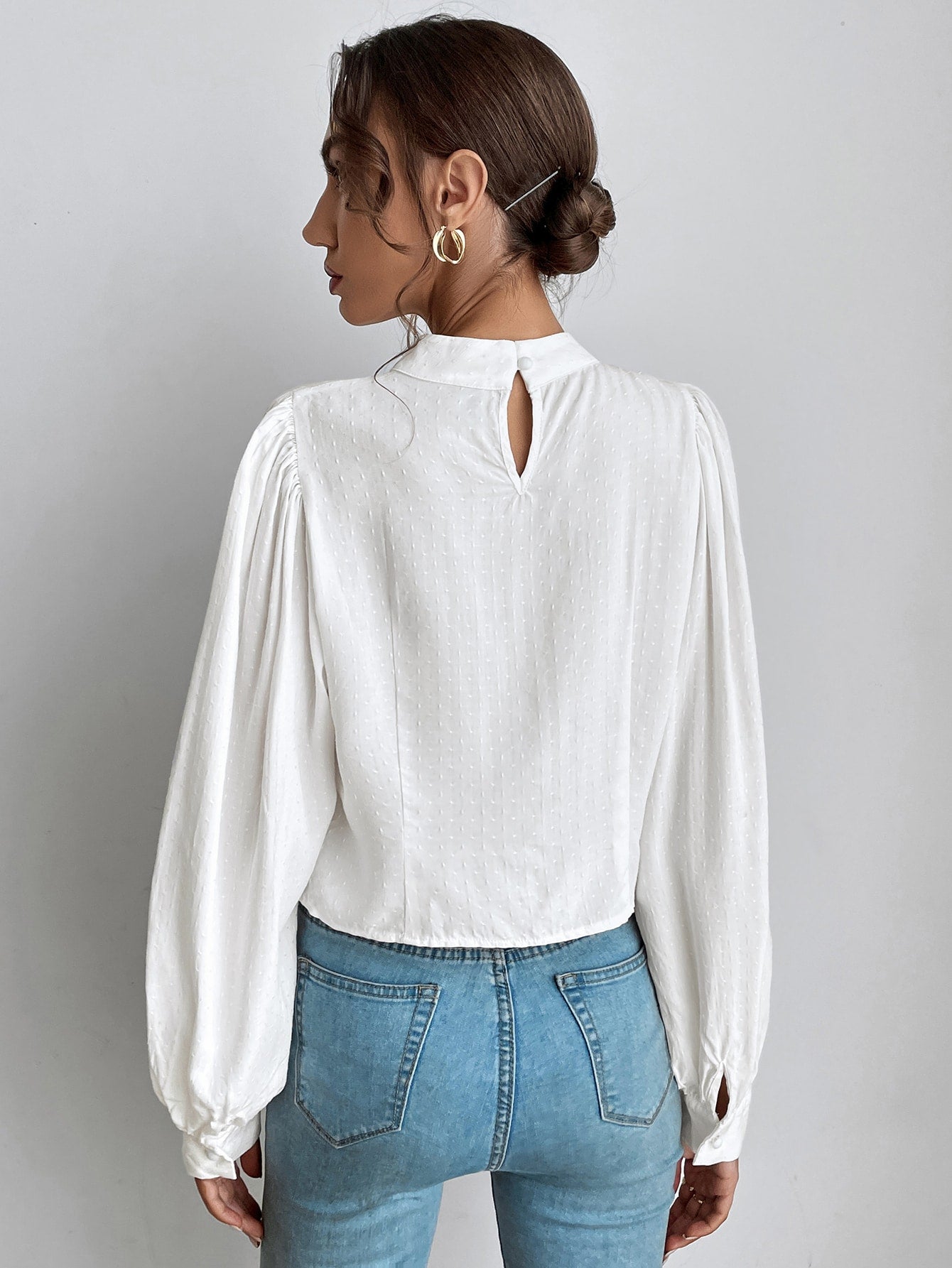 Mock Neck Lantern Sleeve Crop Blouse Sai Feel