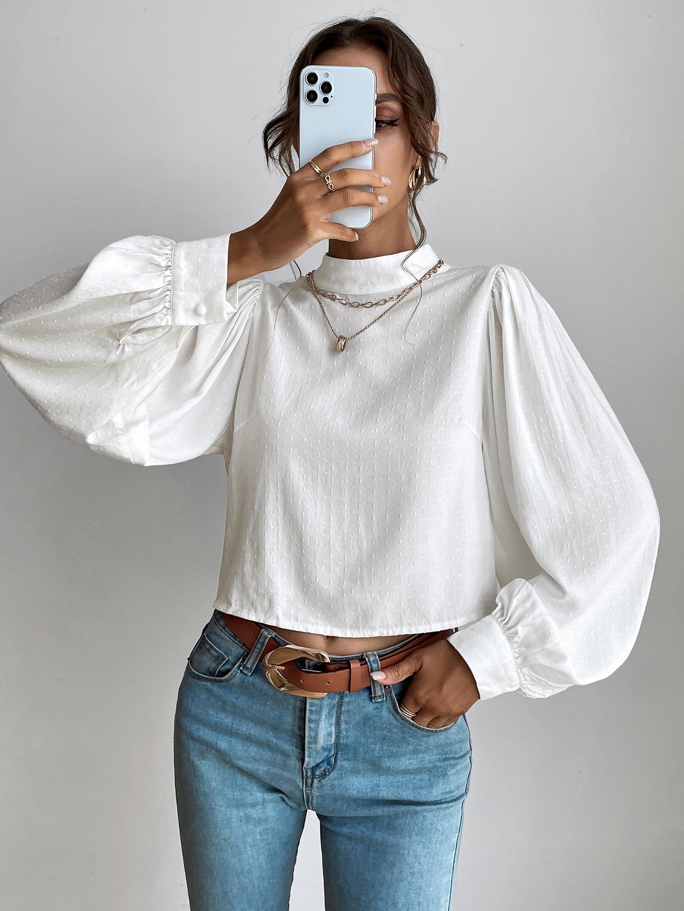 Mock Neck Lantern Sleeve Crop Blouse Sai Feel