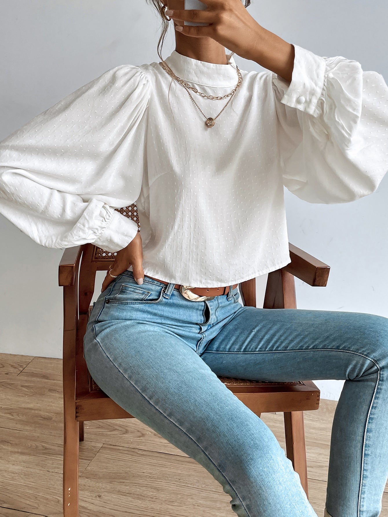 Mock Neck Lantern Sleeve Crop Blouse Sai Feel