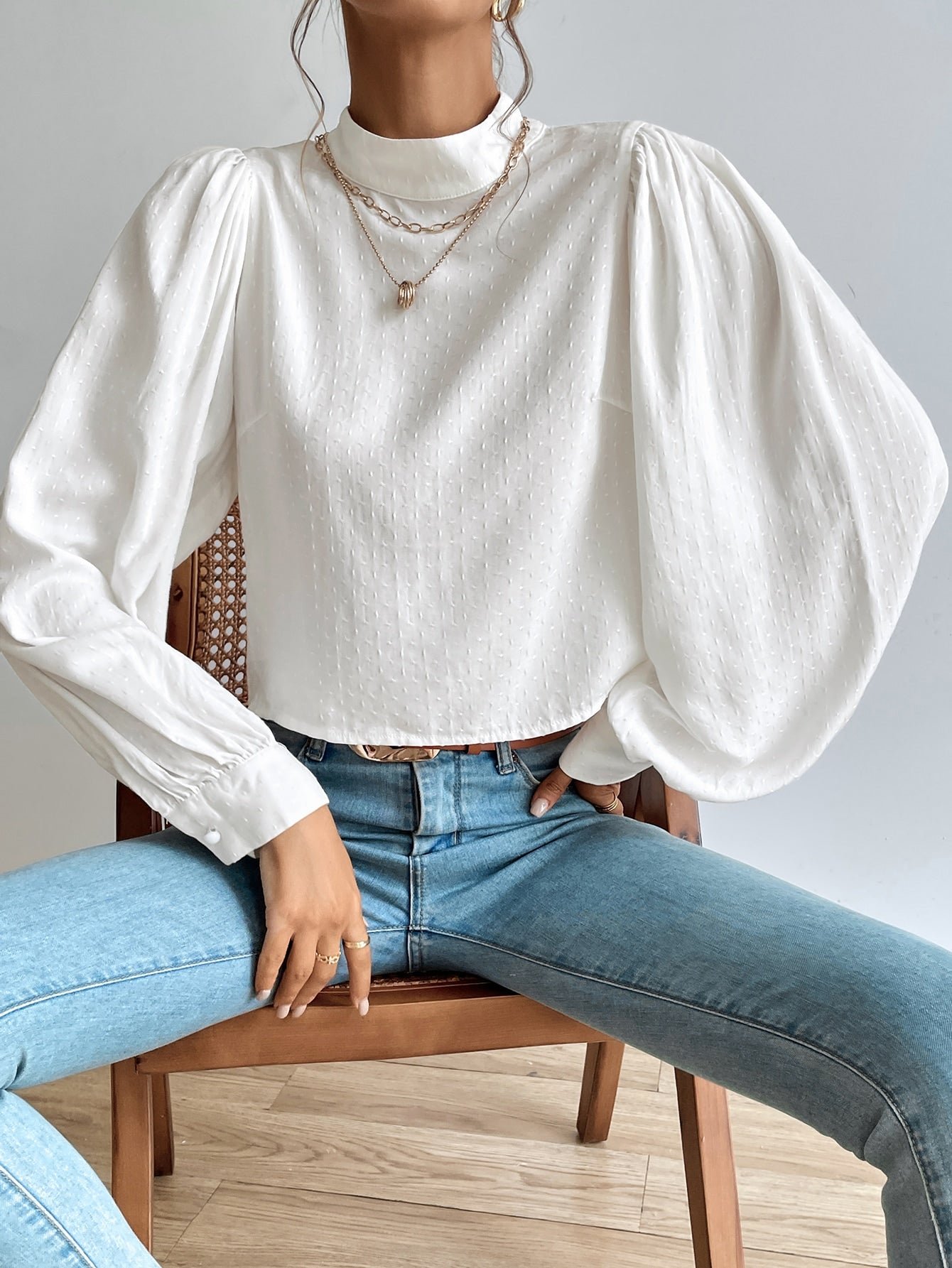 Mock Neck Lantern Sleeve Crop Blouse Sai Feel