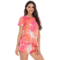 Model Tie Dye Curved Hem Tee and Shorts 2pcs Set Loungewear Pajamas Set Sai Feel