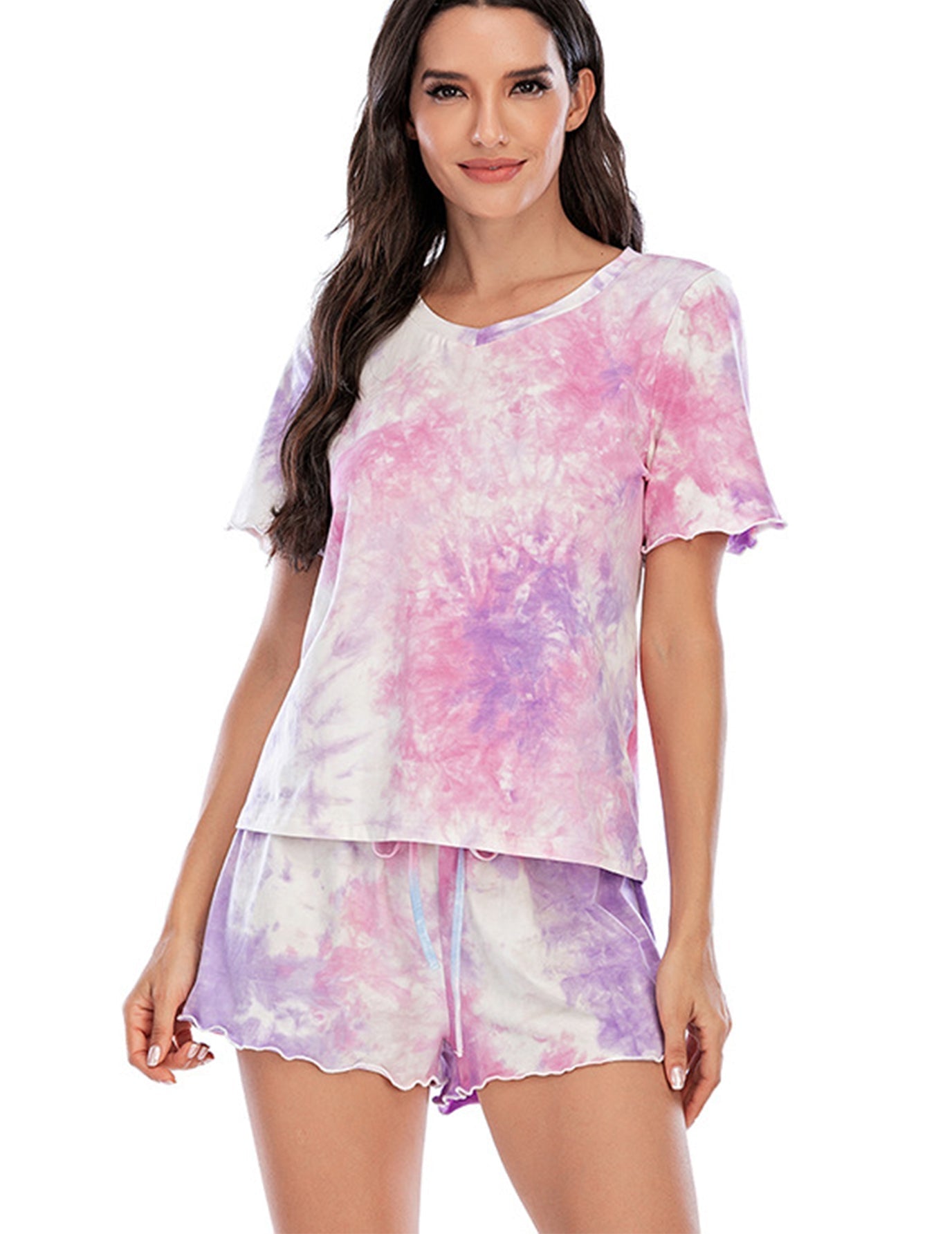 Model Tie Dye Curved Hem Tee and Shorts 2pcs Set Loungewear Pajamas Set Sai Feel