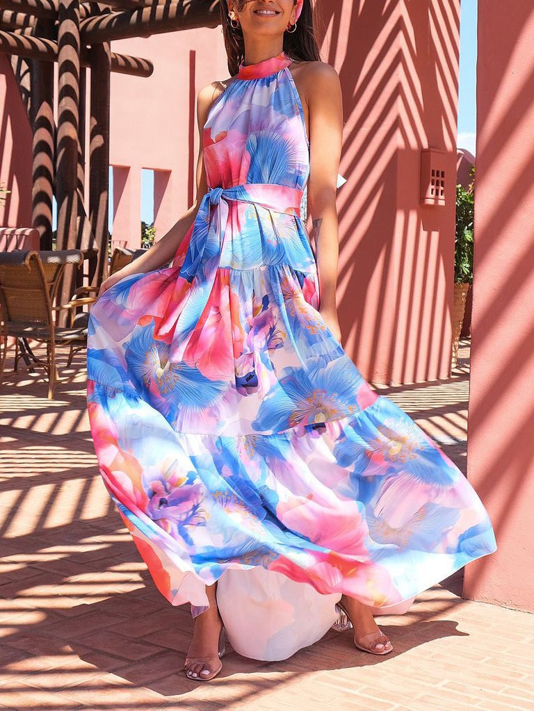 Multicolor Print Halter Neck Sleeveless Dress Sai Feel