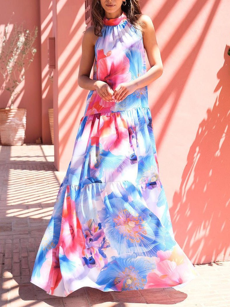 Multicolor Print Halter Neck Sleeveless Dress Sai Feel