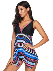 Multicolor V Neck Striped Asymmetrical Hem Tankini Swimsuit Sai Feel