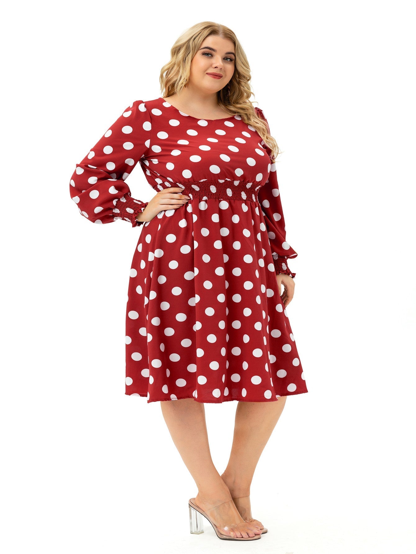 New Fashion Polka Dot Round Neck Long Sleeve Plus Size Midi Dress Sai Feel