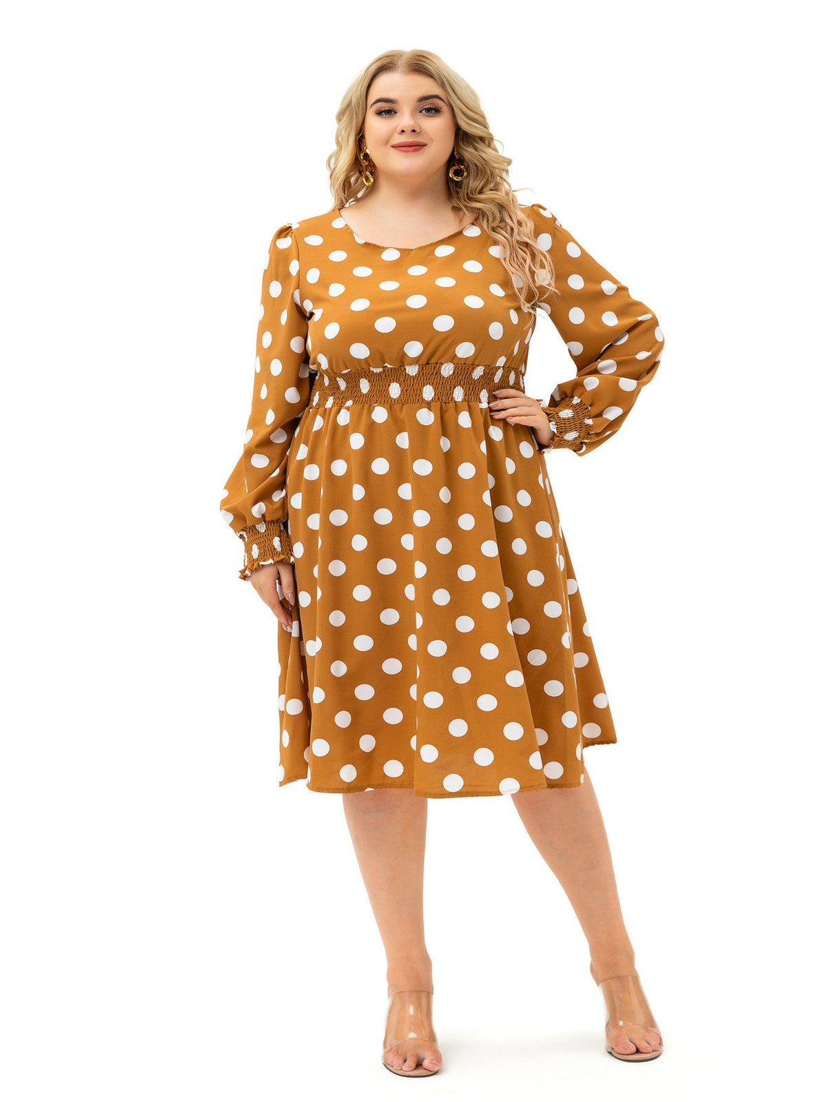 New Fashion Polka Dot Round Neck Long Sleeve Plus Size Midi Dress Sai Feel