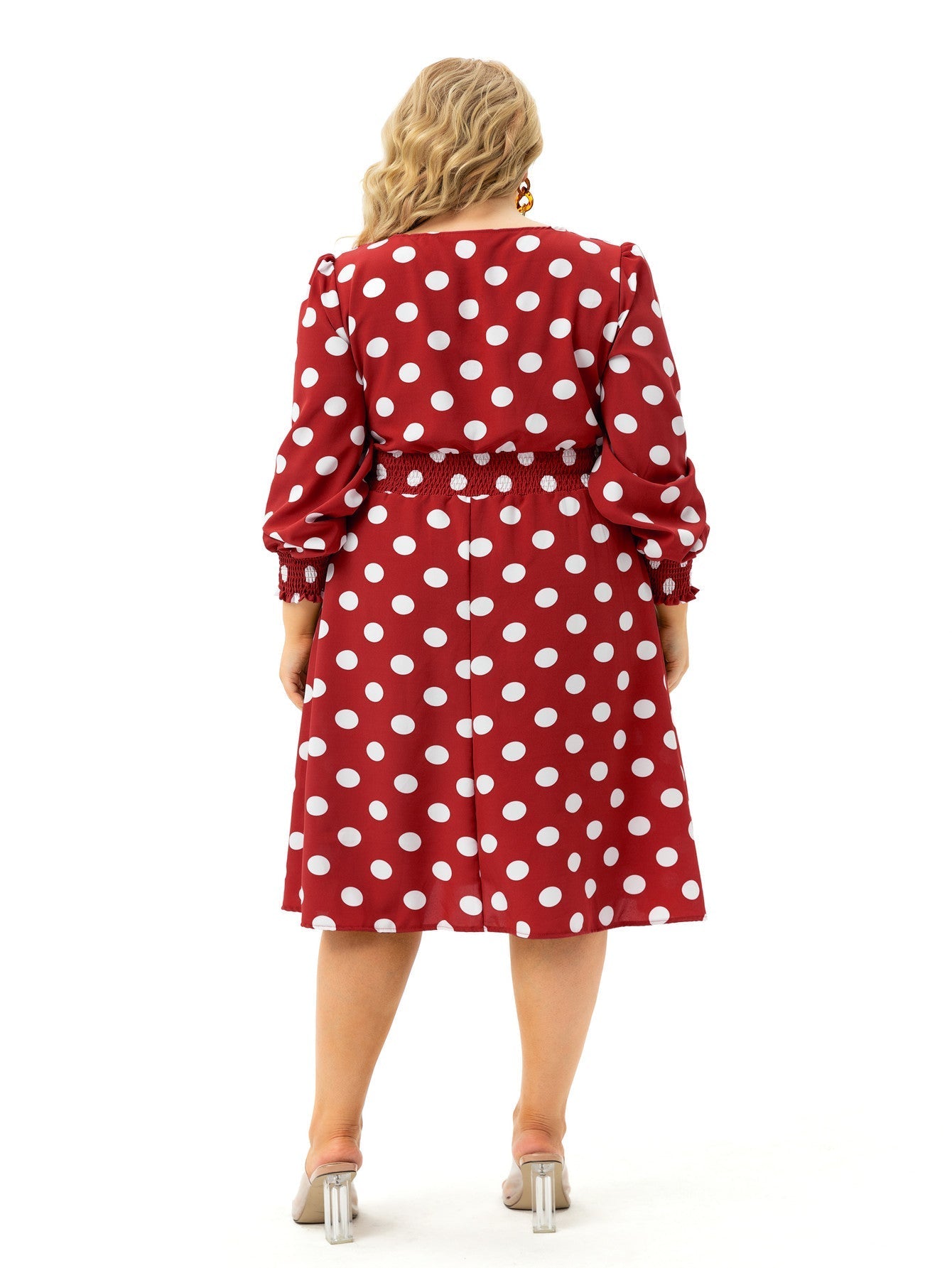 New Fashion Polka Dot Round Neck Long Sleeve Plus Size Midi Dress Sai Feel