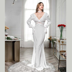 New Fashion Sexy Long Sleeve Wedding Dress Solid Color Evening Backless V Neck Lace Party Dress Sai Feel