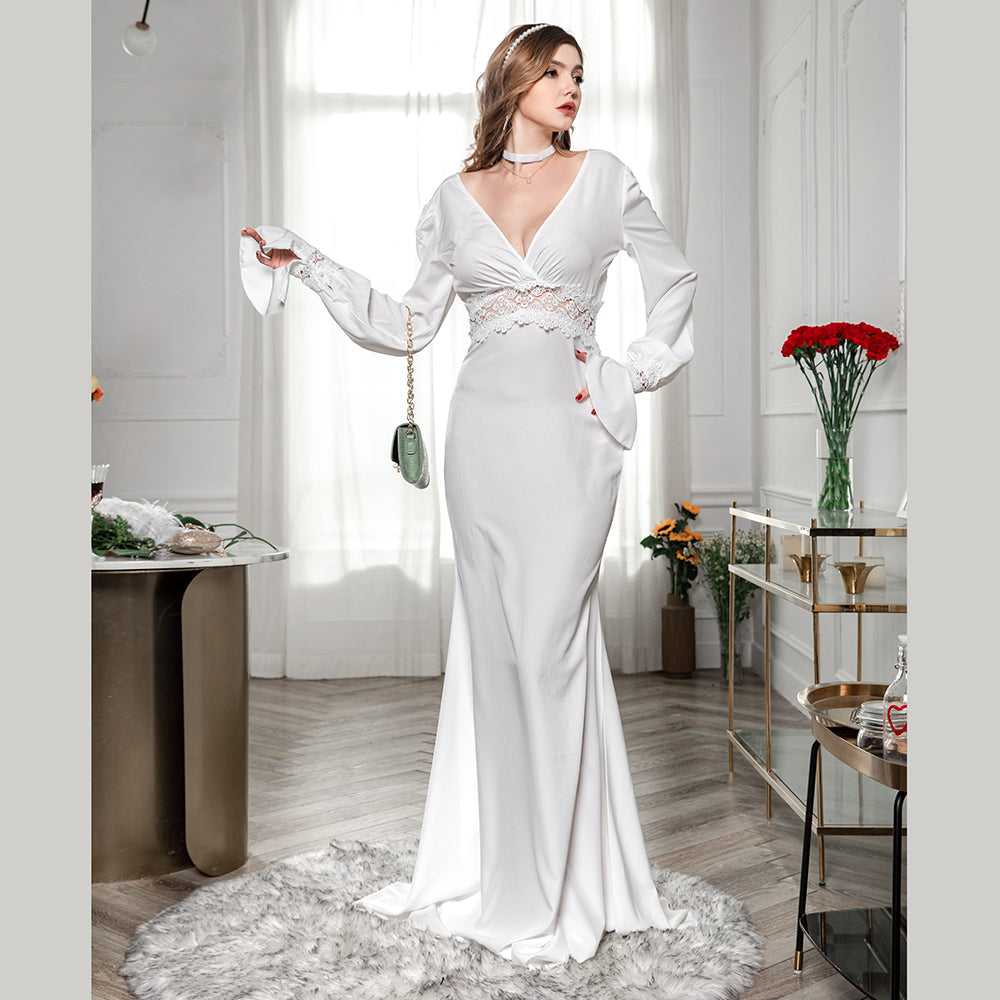 New Fashion Sexy Long Sleeve Wedding Dress Solid Color Evening Backless V Neck Lace Party Dress Sai Feel
