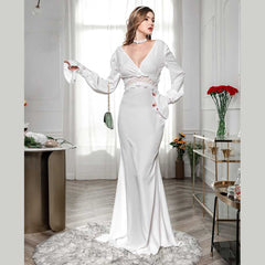 New Fashion Sexy Long Sleeve Wedding Dress Solid Color Evening Backless V Neck Lace Party Dress Sai Feel