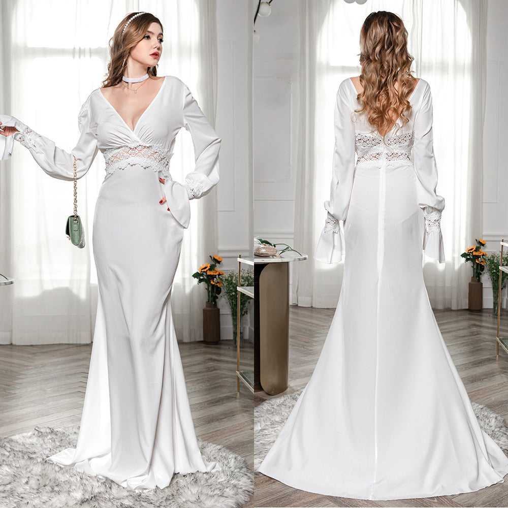 New Fashion Sexy Long Sleeve Wedding Dress Solid Color Evening Backless V Neck Lace Party Dress Sai Feel