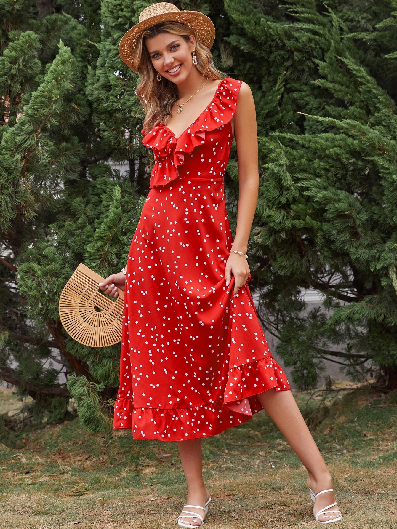 New High-waist Ruffled Slim-fit Polka-dot Sleeveless Red Dress Sai Feel