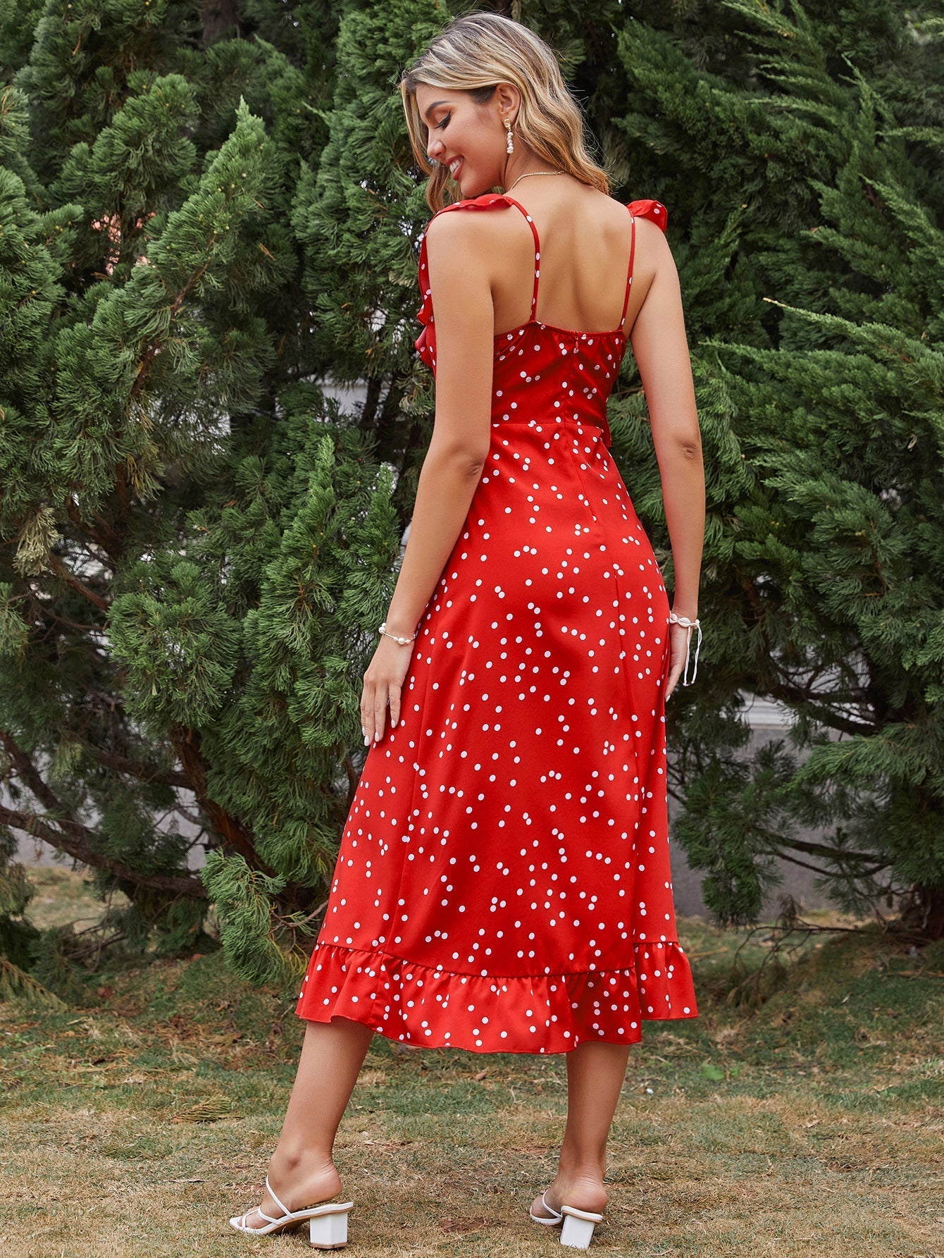 New High-waist Ruffled Slim-fit Polka-dot Sleeveless Red Dress Sai Feel