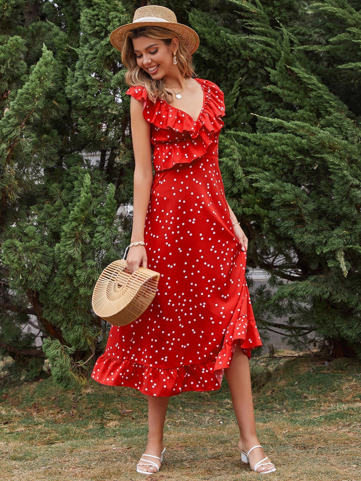 New High-waist Ruffled Slim-fit Polka-dot Sleeveless Red Dress Sai Feel
