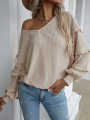 New casual solid color loose t-shirt long petal sleeve top Sai Feel
