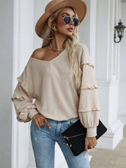 New casual solid color loose t-shirt long petal sleeve top Sai Feel