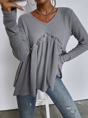 New loose casual solid color round neck stitching long-sleeved t-shirt Sai Feel
