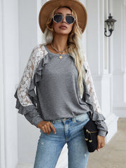 New loose lace stitching long-sleeved round neck solid color pullover t-shirt Sai Feel